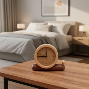 May include: A wooden clock with a light brown face and black hands sits on a dark brown base. The clock is round and has small, dark dots marking the hours. The base is a curved, elongated shape. The clock is on a wooden table.