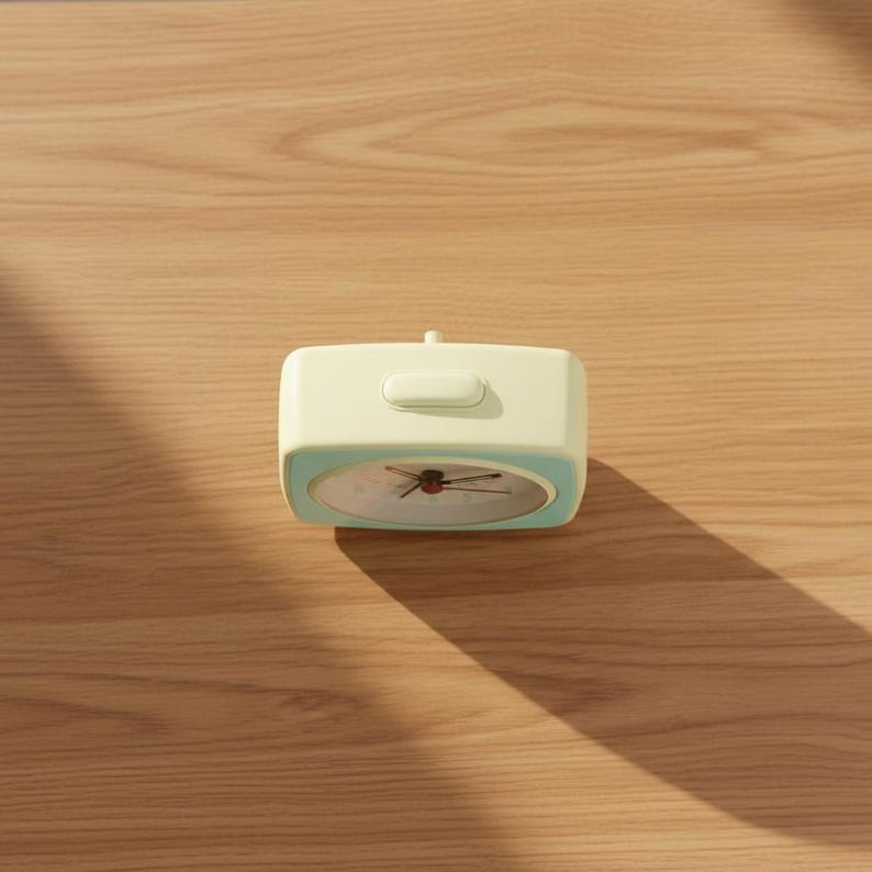 Puede incluir: Un despertador anal&oacute;gico rectangular con una carcasa de color amarillo p&aacute;lido y un marco azul claro alrededor de la esfera. El reloj cuenta con una esfera blanca con marcadores de hora negros, manecillas negras, un segundero rojo y un bot&oacute;n.