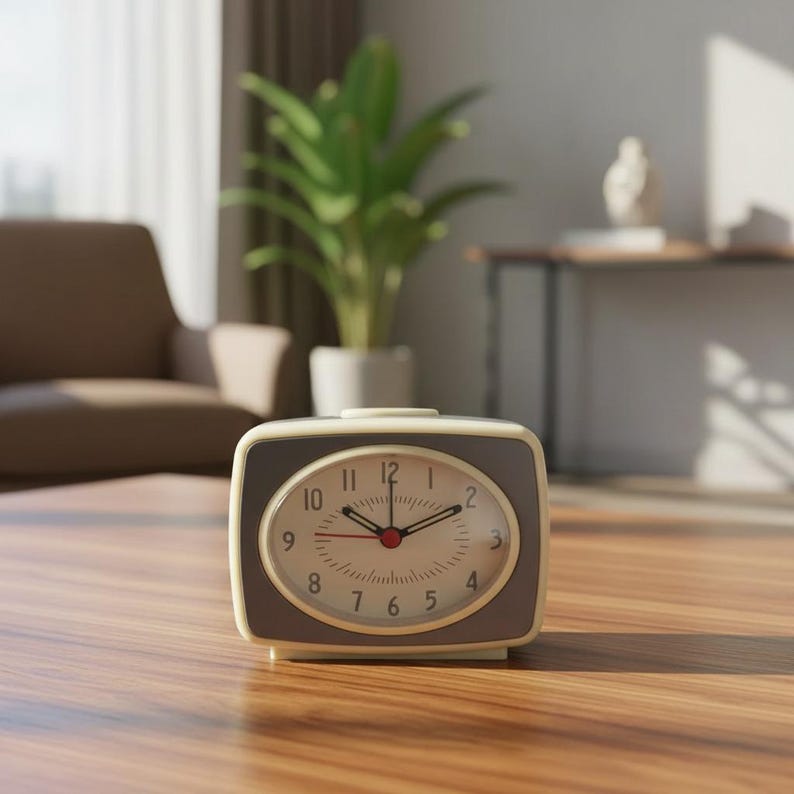 Puede incluir: Un reloj despertador anal&oacute;gico de estilo retro con un marco rectangular de color crema y una esfera gris oscuro. El reloj presenta un dial blanco con n&uacute;meros negros del 1 al 12, manecillas negras para horas y minutos, y un segundero rojo central.