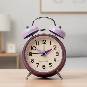 May include: A round analog alarm clock with a deep purple frame, two light purple bells on top, and silver metal legs. The clock face is cream-colored with black numerals, purple hands, and the text Designed by GT printed in the center.