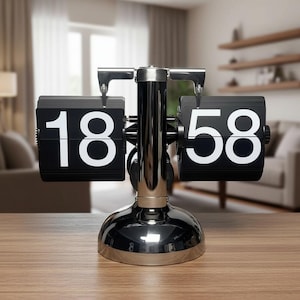 May include: A black flip clock with a polished chrome base and central pillar. The clock features two rectangular black panels displaying the white numbers 18 and 58. The mechanism is supported by a central vertical post with a circular base.