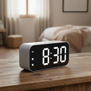 Op de afbeelding: Een rechthoekige digitale wekker met een witte behuizing en een zwart spiegelend display aan de voorzijde. Het scherm toont de tijd 8:30 in grote, helderwitte led-cijfers, met kleinere indicatoren voor AM en twee aparte wekkerinstellingen links.