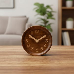 Può includere: Un orologio analogico rotondo realizzato in legno marrone scuro, caratterizzato da un quadrante liscio e concavo. L'orologio presenta lancette delle ore e dei minuti in legno chiaro, con i numeri da 3 a 12 incisi direttamente sul legno.