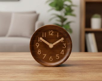 Reloj de escritorio de madera de pino oscuro, analógico, silencioso, funciona con pilas, decoración rústica para el hogar, regalo ideal para la oficina o el dormitorio.