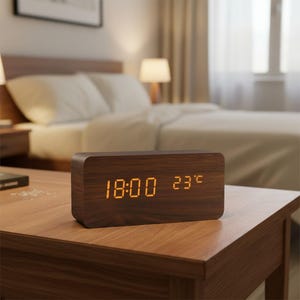May include: A rectangular wooden digital clock displaying the time as 18:00 and the temperature as 23°C. The clock has a dark brown finish and sits on a wooden table. The background shows a bedroom with a bed and a lamp.