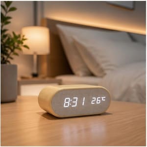 May include: A light-colored wooden digital alarm clock displaying the time 8:31 and the temperature 26°C. The clock has a rectangular shape with rounded edges and a fabric-covered front. It sits on a wooden nightstand.