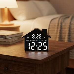 May include: A black house-shaped digital alarm clock with a white LED display showing the time 12:25 PM and the date 8.28. The clock features a day-of-the-week indicator with FRI highlighted, two alarm icons, and a small chimney-like protrusion.
