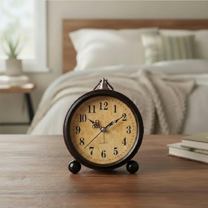 May include: A vintage-style quartz clock with a dark brown metal frame and a cream-coloured face. The clock features black numerals, hands, and a small bell at the top. It rests on two black ball feet and is set on a wooden surface.