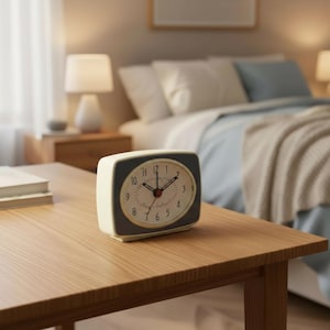 Puede incluir: Un despertador anal&oacute;gico rectangular con una carcasa exterior de color crema y un marco de esfera gris oscuro. El reloj presenta una esfera blanca con n&uacute;meros negros del 1 al 12, manecillas negras para horas y minutos, y un segundero negro fino.