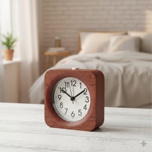 May include: A square alarm clock with a dark wood grain finish and a white circular clock face. The face features black Arabic numerals from 1 to 12, black hour and minute hands, and a thin black second hand. A small white button sits on top.