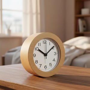 May include: A round analogue alarm clock with a light-coloured wood grain frame and a white face. The clock features black Arabic numerals from 1 to 12, black hour and minute hands, and a thin black second hand centred on the dial.