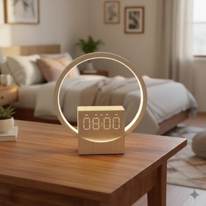 May include: A light-colored wooden digital clock featuring a circular LED light ring surrounding a square base. The clock face displays the time 08:00 in a dot-matrix style font. The design incorporates a smooth, natural wood grain finish.