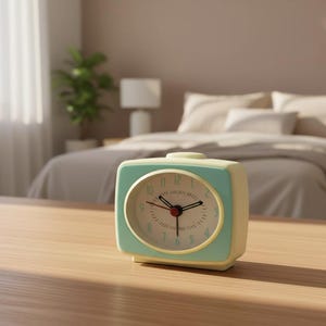 Puede incluir: Un reloj despertador anal&oacute;gico de estilo retro con un marco rectangular de color amarillo p&aacute;lido y una esfera de color verde azulado. El reloj presenta una esfera blanca con n&uacute;meros en verde azulado, manecillas negras y un segundero rojo.