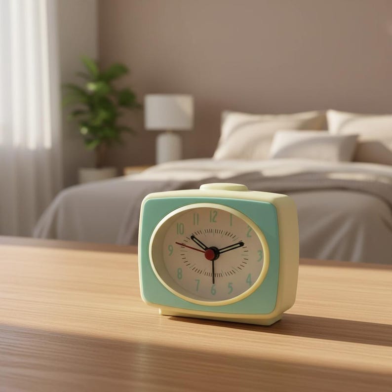 Puede incluir: Un reloj despertador anal&oacute;gico de estilo retro con un marco rectangular de color amarillo p&aacute;lido y una esfera de color verde azulado. El reloj presenta una esfera blanca con n&uacute;meros en verde azulado, manecillas negras y un segundero rojo.