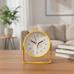 May include: A round analog table clock with a bright yellow frame and stand. The clock face is white with black Arabic numerals from 1 to 12, black hour and minute hands, and a thin red second hand. The clock is mounted on a U-shaped yellow base.