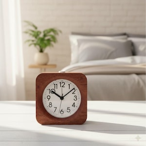 May include: A square-shaped analog alarm clock with a dark brown wood-grain frame and a white circular face. The clock features black Arabic numerals from 1 to 12, black hour and minute hands, and a thin black second hand centered on the dial.