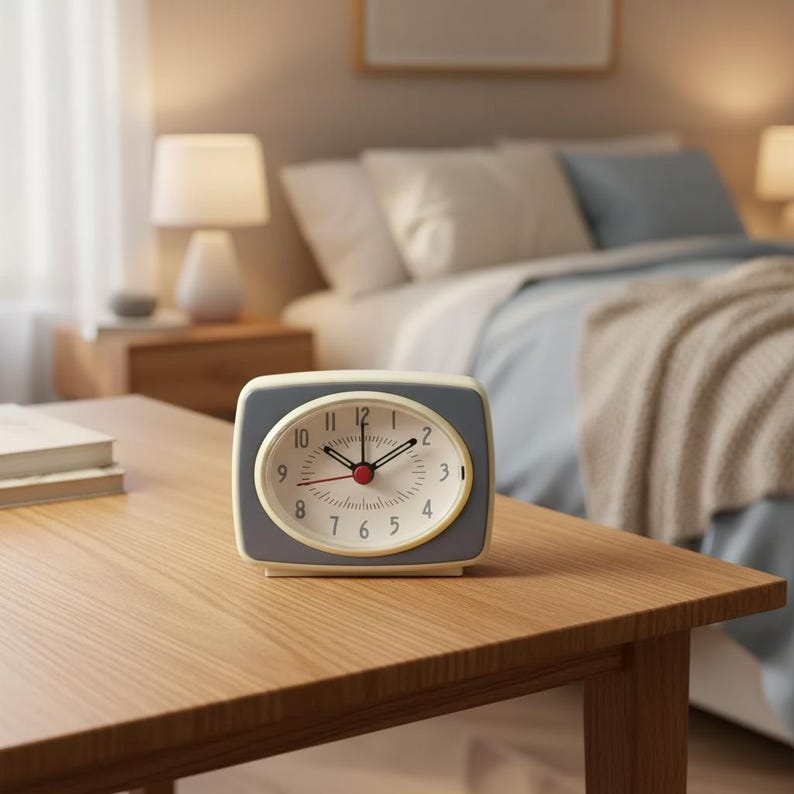 Puede incluir: Un reloj despertador anal&oacute;gico de estilo retro con un marco rectangular gris y una esfera ovalada de color crema. El reloj cuenta con manecillas negras para las horas y los minutos, un segundero rojo y n&uacute;meros negros del 1 al 12.