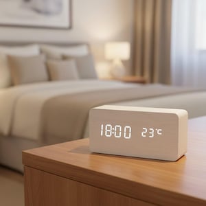Può includere: Un orologio digitale rettangolare in legno chiaro mostra l'ora 18:00 e la temperatura 23°C. L'orologio è su un comodino di legno. Sullo sfondo si vedono un letto e una lampada.