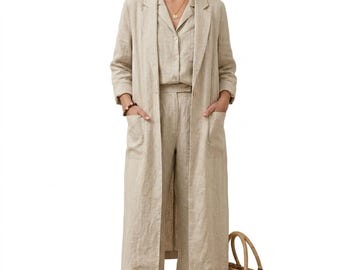 Conjunto de linho de 3 peças para mulheres – casaco comprido, blusa e calça pantalona