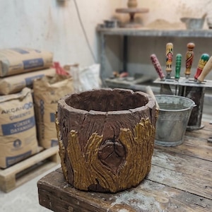 Rustic Tree Trunk Concrete Planter, 9.5" Wide Realistic Log Flower Pot, Customizable Handmade Desk Decor, Small Woodland Style Succulent Pot