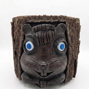 May include: A brown, carved squirrel planter with blue eyes and a smiling face. The planter is designed to look like a tree stump, with textured bark details. A whimsical and decorative item for home or garden.