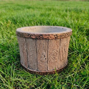 Large Handmade Concrete Planter, Rustic Faux Wood Texture Barrel Pot, Heavy Windproof Outdoor Flower Pot, Hand Painted Artisan Garden Decor