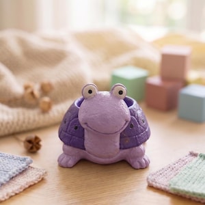 May include: A charming, lilac-coloured turtle-shaped planter with a smiling face and a textured shell. The planter is made of ceramic and sits on a wooden surface. The turtle has a round opening for planting small plants or flowers.