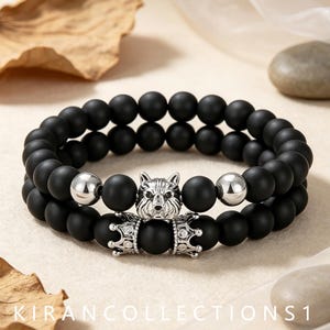 Silver Wolf Head Crown Charm Bracelet Set, 8mm Matte Black Onyx Natural Stone Stack Bracelet, Gothic Daily Layering Jewelry
