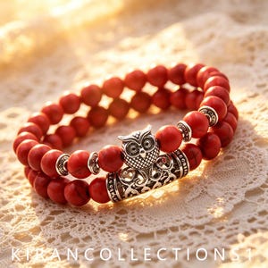 Red Turquoise Owl Charm Double Wrap Stretch Bracelet, 18.5-19cm