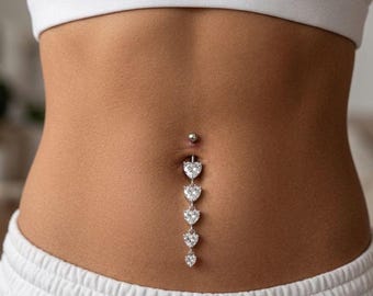 Dangle Heart Belly Button Ring, Silver Navel Piercing, Cubic Zirconia Dangle Jewelry
