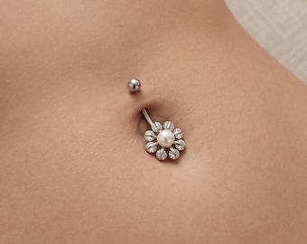 Navelring met parelbloem, sierlijke bloemen navelpiercing, chirurgisch stalen barbell-sieraden