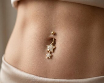 Piercing para ombligo con doble estrella dorada, joya colgante para ombligo con circonitas cúbicas