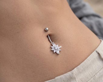 Blumen Bauchnabel Ring, Chirurgenstahl CZ Baumeln Bauchnabelpiercing Schmuck
