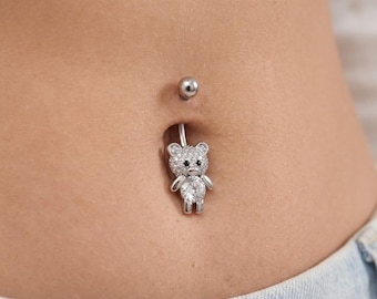 Teddy Bear Dangle Belly Button Ring, Cubic Zirconia Navel Piercing Jewelry