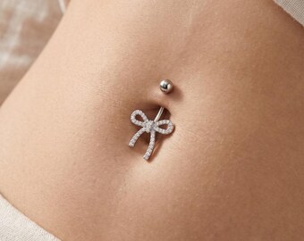 Silver Bow Belly Button Ring, Dainty Rhinestone Navel Piercing Jewelry Gift for Women