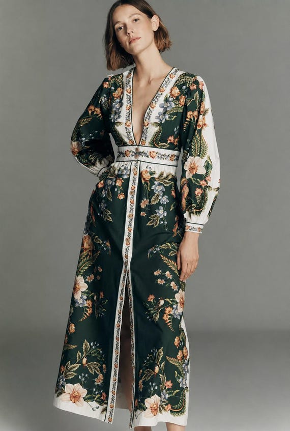 Green Nature V Neck Buttoned Maxi Dress