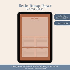 以下が含まれることがあります： 秋のカラーパレットでデザインされたBrain Dumpプランナーテンプレートを表示するデジタルタブレット。画面にはBrain Dumpと記された大きな上部セクションと、Work、Personal、Admin、Otherの4つの小さなセクションが表示されており、それぞれにチェックボックスが付いています。