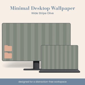 May include: A digital desktop wallpaper featuring a wide olive green stripe pattern displayed on a computer monitor and a laptop screen. Two peach-coloured folder icons are visible on the monitor. Text reads Minimal Desktop Wallpaper Wide Stripe Olive.