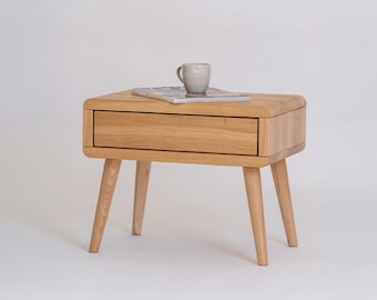 Mesita de noche de roble macizo – Mesa auxiliar minimalista – Mesa auxiliar de madera natural – Muebles de dormitorio nórdicos