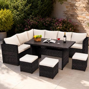 Wicker Terrasse Ess-Set, Outdoor-Schnitttisch Stühle Ottoman, Hinterhof-Gartendeck Graue Möbel