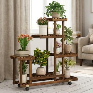 Rustic wood plant stand with lockable wheels parked next to a window