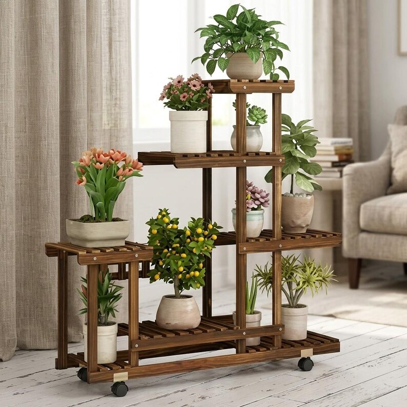 Rustic wood plant stand with lockable wheels parked next to a window