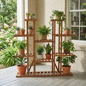May include: A multi-tiered wooden plant stand with a slatted design, holding various potted plants including ferns, snake plants, and a monstera. The stand features multiple levels of varying heights, constructed from brown wood with a natural finish.