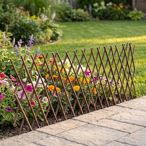 Puede incluir: Una valla de jardín de madera marrón con un diseño de celosía extensible y un patrón entrecruzado. La valla está colocada frente a un parterre que contiene varias flores coloridas, incluyendo flores moradas, naranjas y blancas.