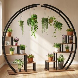 Soporte para plantas de madera y metal en forma de media luna, estante colgante de cinco niveles para macetas, estante para interiores