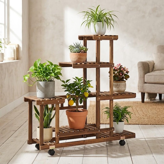 Wood Plant Stand, Rolling Flower Pot Holder, Multi Tier Garden Shelf, Indoor Planter Rack
