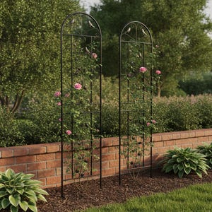 May include: Two tall, arched black metal garden trellises featuring decorative bird silhouettes at the top. Each structure supports climbing green vines with blooming pink roses, providing a vertical framework for plants in a garden setting.