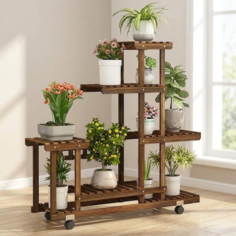 Rustic wood plant stand with lockable wheels parked next to a window