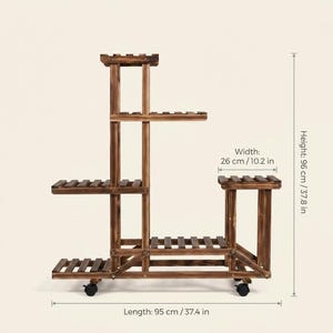 Size chart for the wood plant stand - Length: 95 cm / 37.4 in, Width: 26 cm / 10.2 in, Height: 96 cm / 37.8 in