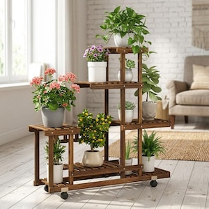 Wooden plant stand styled with vibrant flowers and green plants in a bright living room